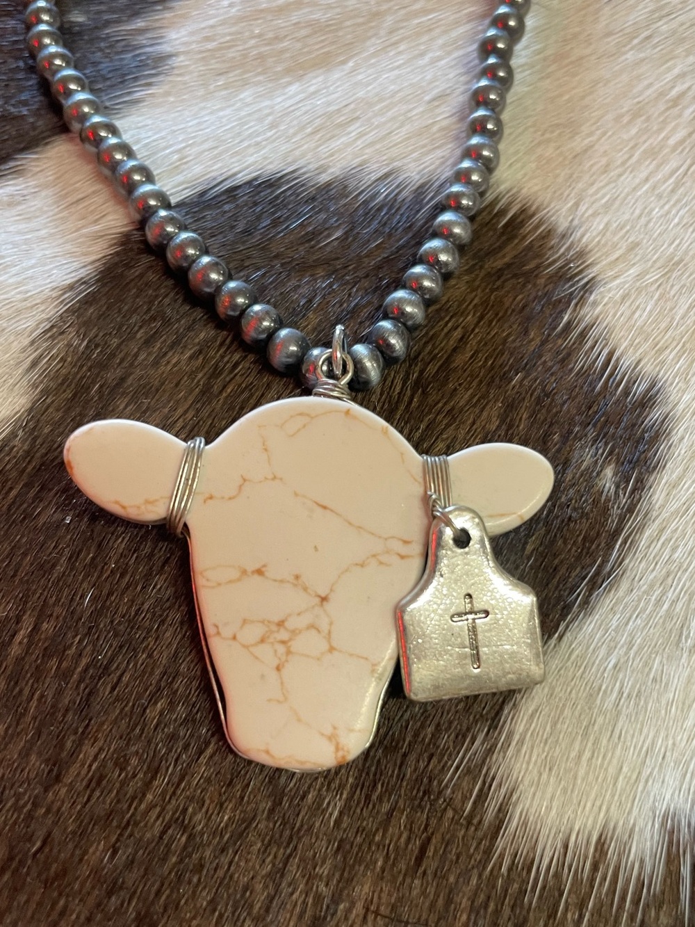 White Howlite Cow Head Pendant Necklace with Silver Bead Chain